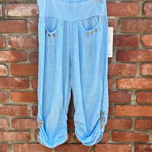 Baby Blue Linen Cropped Pants Bloomers With Button Details Lagenlook